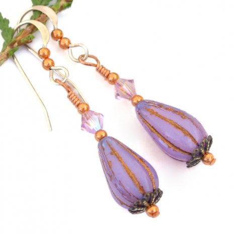 artisan handmade fluted teardrop earrings lilac purple lavender glass swarovski