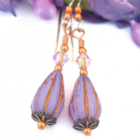 artisan handmade fluted teardrop jewelry lilac purple lavender glass swarovski c