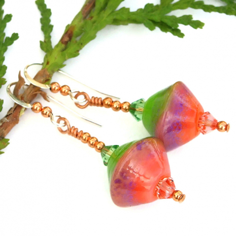 artisan handmade lampwork glass earrings peach pink and lime green