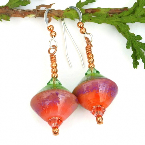 artisan handmade lampwork glass jewelry peach pink and lime green