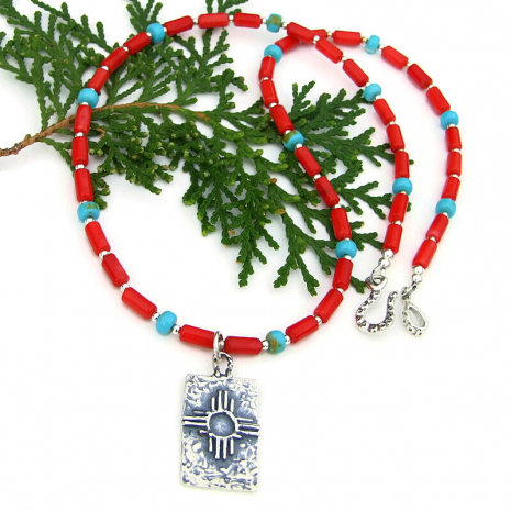 artisan handmade necklace zia sun red coral turquoise