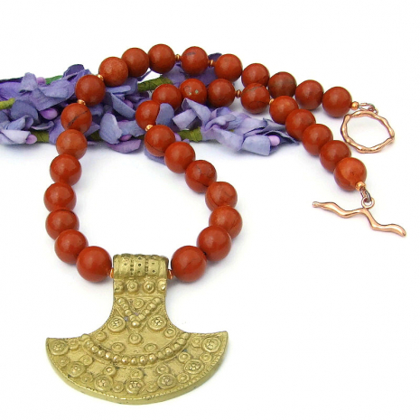 artisan nepal tribal shield pendant handmade necklace red jasper copper