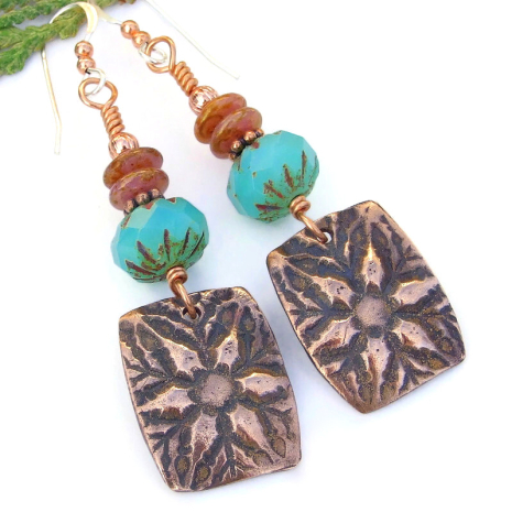 artisan star flowers jewelry handmade copper aqua opal pink glass