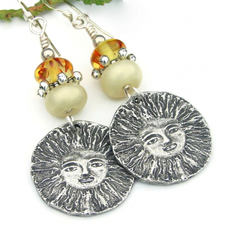 artisan sun face earrings pewter lampwork amber handmade jewelry