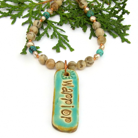 artisan warrior handmade necklace feldspar turquoise pearls copper