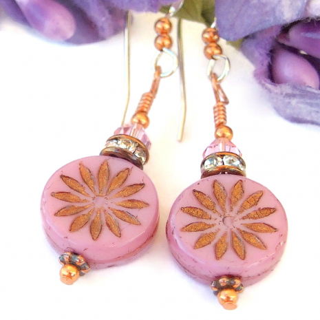 aster flower earrings handmade pink bronze Swarovski crystals