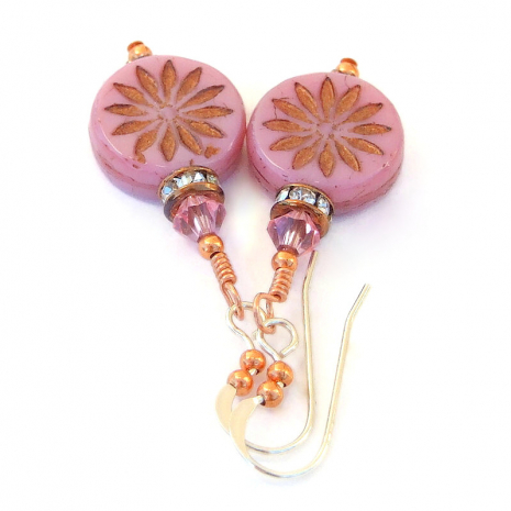 aster flower jewelry handmade pink bronze Swarovski crystals