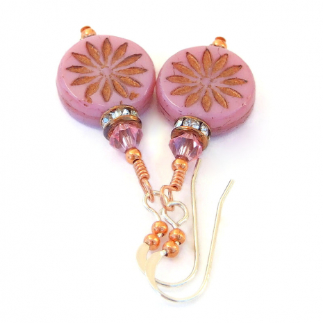 aster flower jewelry handmade pink bronze Swarovski crystals
