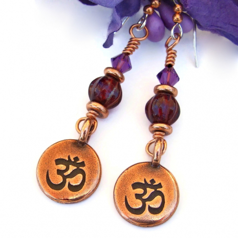 aum om chakra yoga earrings copper red violet