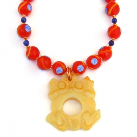 aventurine gemstone frog pendant jewelry handmade red java glass beads