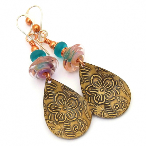 back side of antiqued brass flower earrings
