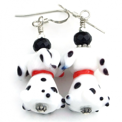 back side of dog lover handmade earrings white spotted black red collar