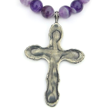 back side of floral flower cross necklace handmade