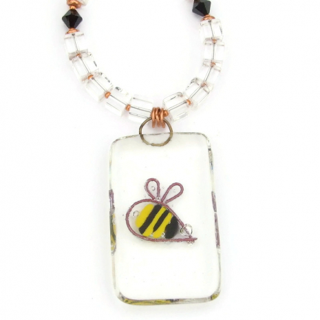 back side of handmade bumblebee bee glass pendant