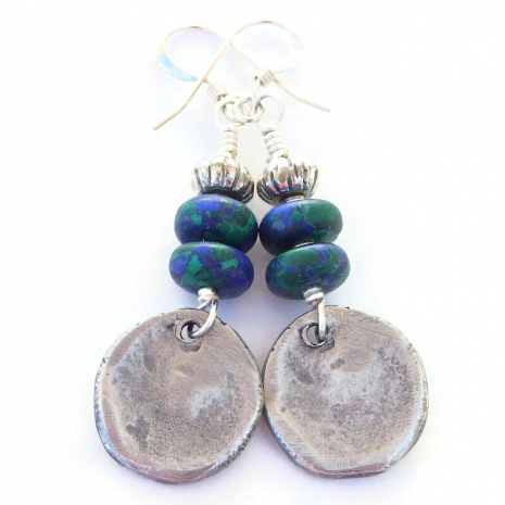 back side of handmade eightfold path pewter charm earrings