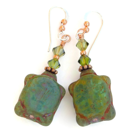 back side of handmade turtle earrings czech glass