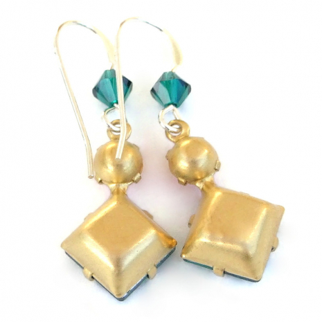 back side of handmade vintage crystal earrings green red