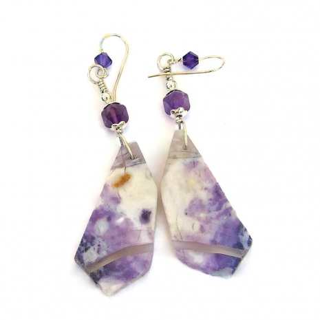back side of mexican purple opal earrings with amethyst