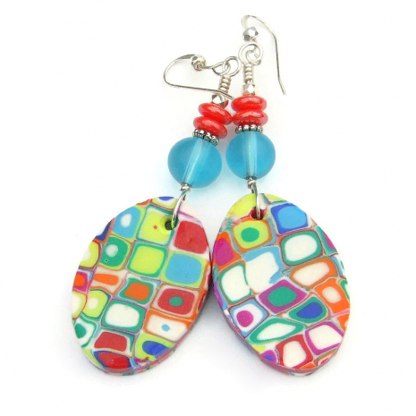 back side of mokume gane handmade earrings colorful polymer clay lightweight