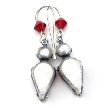 back side of vintage red crystals Christmas earrings handmade