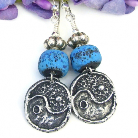 balance harmony yin yang earrings boho rustic lampwork fine silver