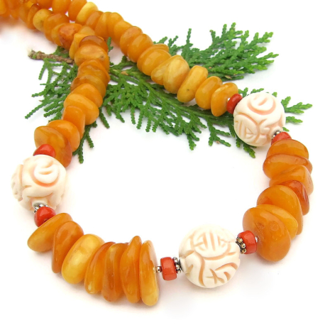 baltic amber statement necklace handmade chunky carved shell red coral sterling
