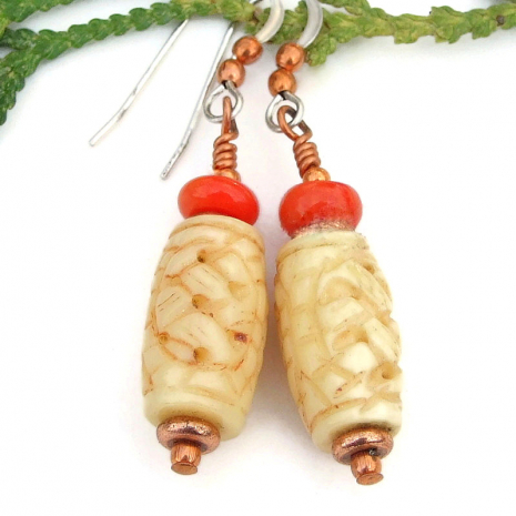 basket weave carved bone earrings red coral handmade