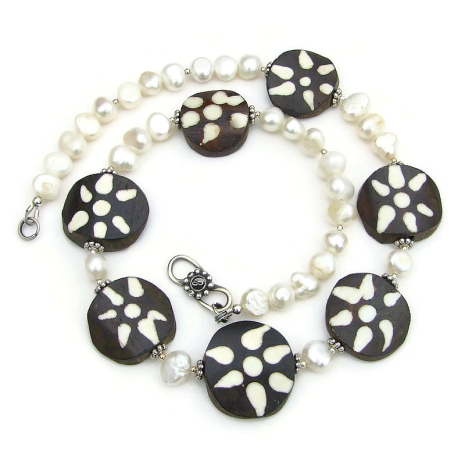 batik bone flower bead tribal necklace handmade gift for her