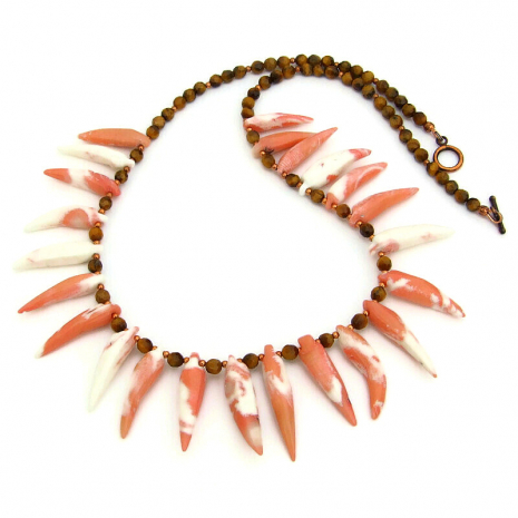 beach necklace bamboo coral spikes tigers eye gemstones