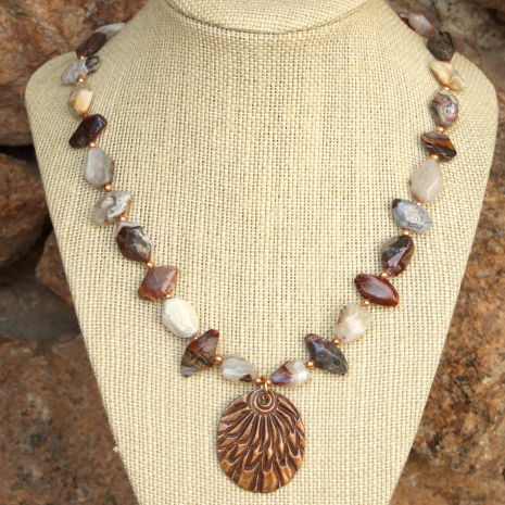 beautiful copper feather pendant necklace and mixed agate nuggets gift for her