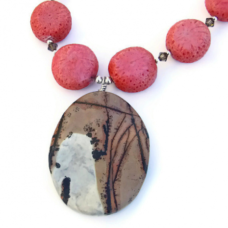 beautiful handmade gemstone necklace paintbrush jasper coral