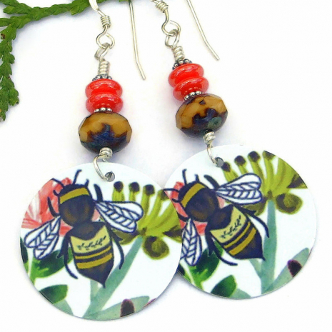 bee bees pollinator handmade earrings lightweight aluminum czech glass jewelry