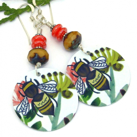 bee bees pollinator handmade jewelry lightweight aluminum czech glass earrings