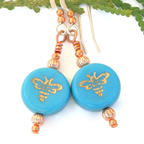 bee jewelry turquoise blue gold handmade earrings gift