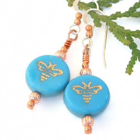 bee lover handmade earrings turquoise blue gold bees