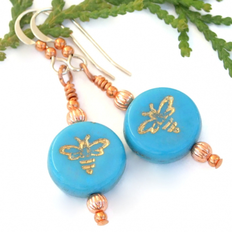 bee lover handmade jewelry turquoise blue gold bees