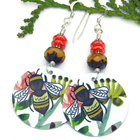bee lover pollinator handmade earrings lightweight aluminum czech glass jewelry