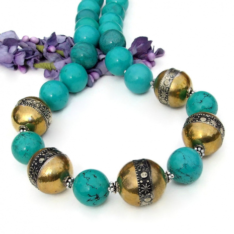 Berber brass beads turquoise necklace handmade sun moon