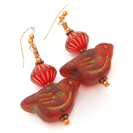 bird earrings ruby red glass gift for her