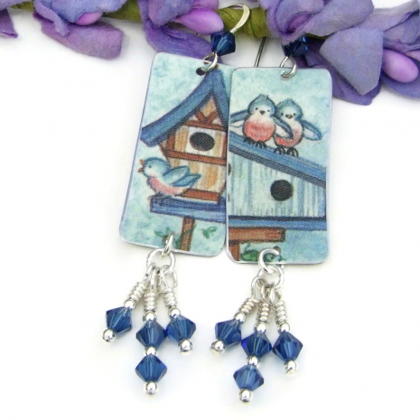 bird lover earrings bluebirds houses handmade lightweight