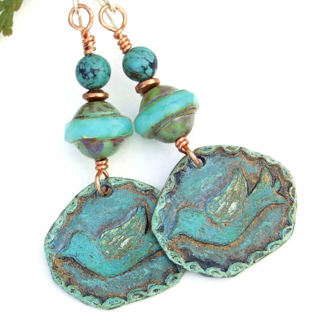 bird lover earrings handmade rustic hand painted turquoise glass aqua blue