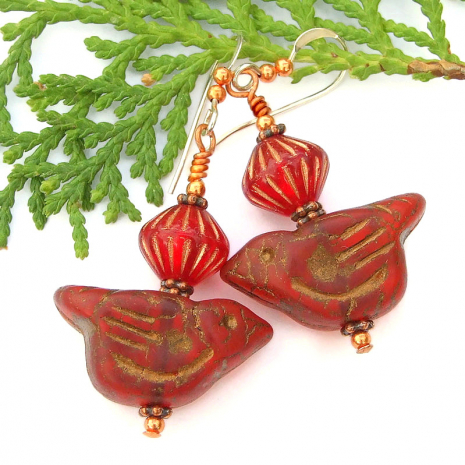 bird lover earrings red copper czech glass