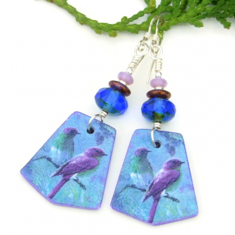 bird lover handmade birds earrings purple blue green lightweight polymer clay