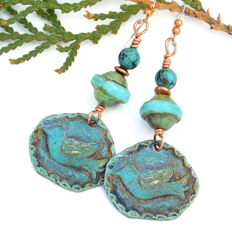 bird lover jewelry handmade rustic hand painted turquoise glass aqua blue