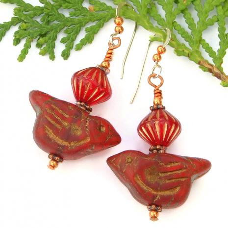 birder jewelry handmade red bird lover copper Czech glass