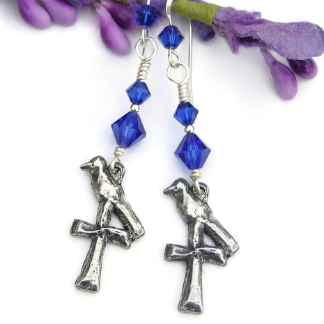 birds crosses handmade earrings sapphire swarovski crystals pewter handmade