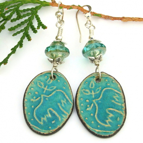 birds doves of peace ceramic earrings handmade turquoise