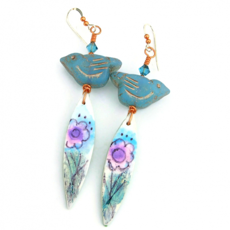 birds flowers handmade earrings gift for women