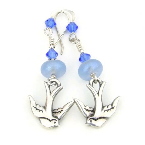birds flying  swallows earrings handmade jewelry gift for women blue silver