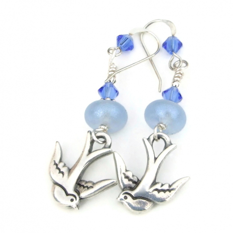 birds flying swallows jewelry handmade earrings gift for women silver blue